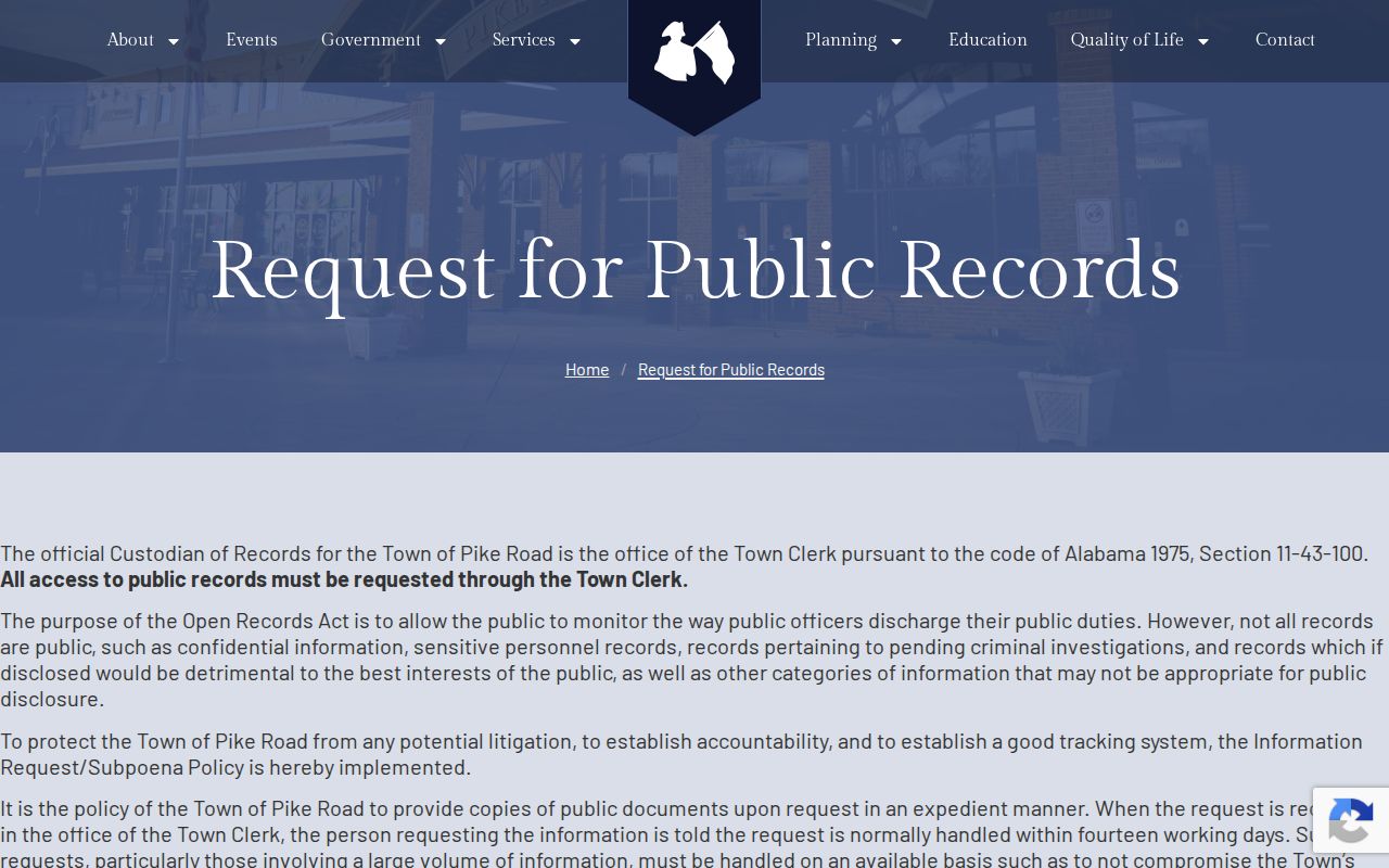 Pike Road warrant records context from the Town Clerk public records page