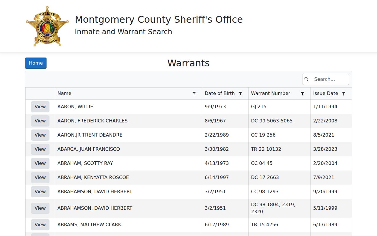 Montgomery County warrant search toolbar and result columns